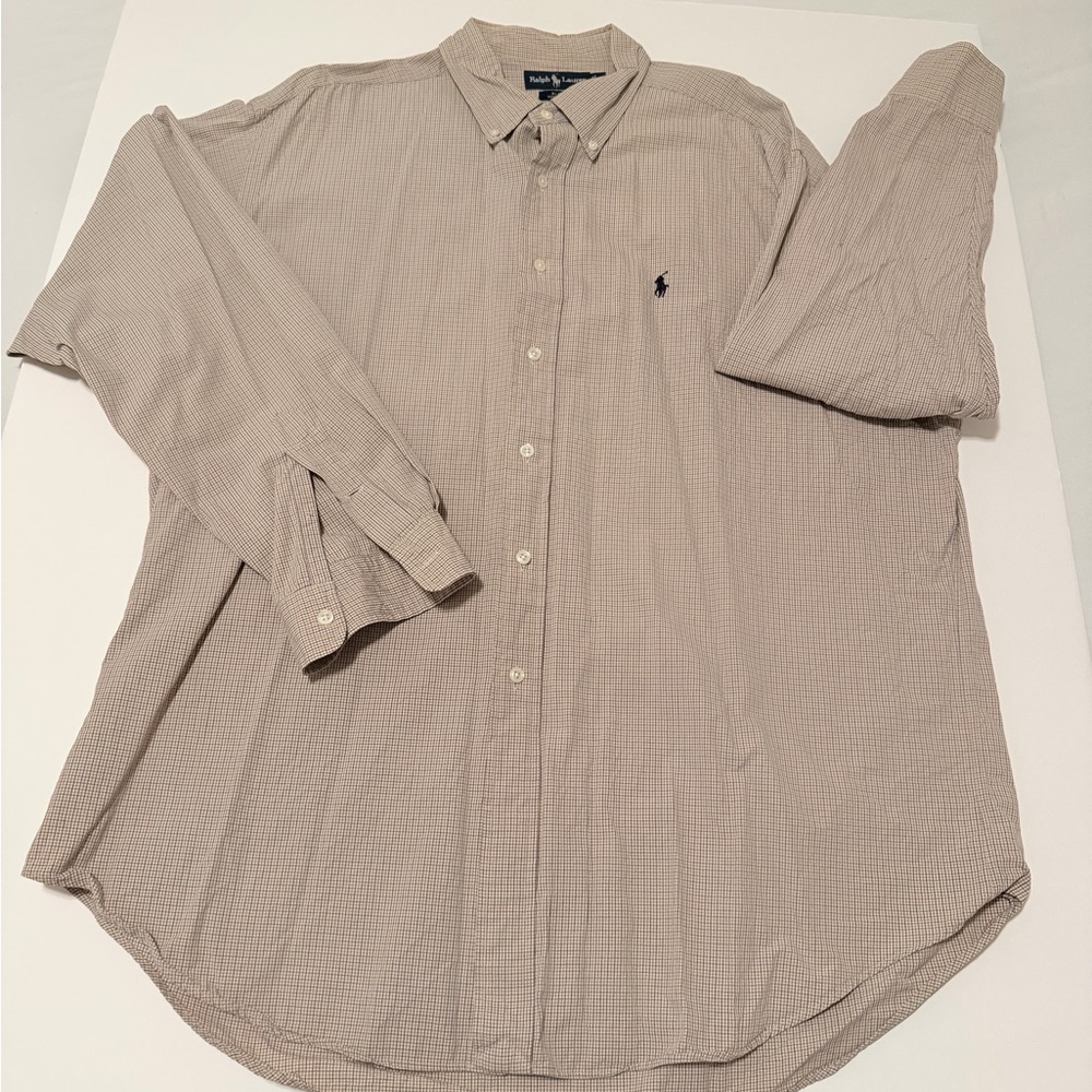Ralph Lauren Blake XL Tan Blue Gold Stripe Check Button Down Shirt